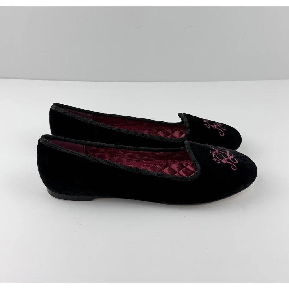 Vintage RALPH LAUREN POLO Girls Size 4 Ballet Flats Monogram RL BLK Pink Velvet